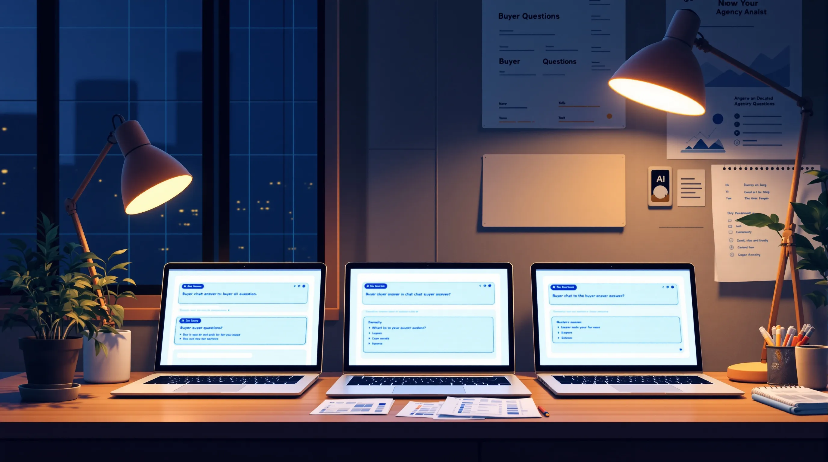 Three laptops side by side showing different AI assistant answers next to a printed audit sheet with tally marks