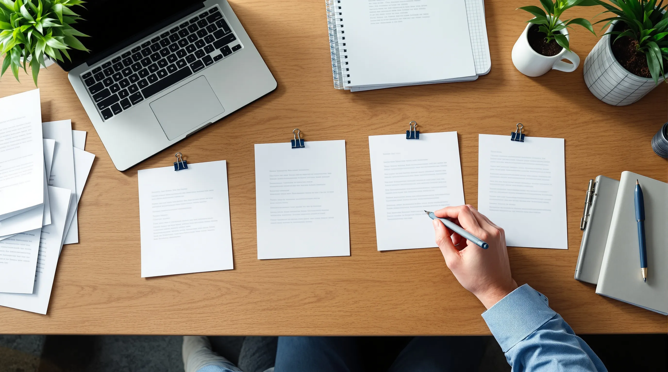 Evidence cards clipped to pages of an article draft beside a three-item review checklist on an editor
