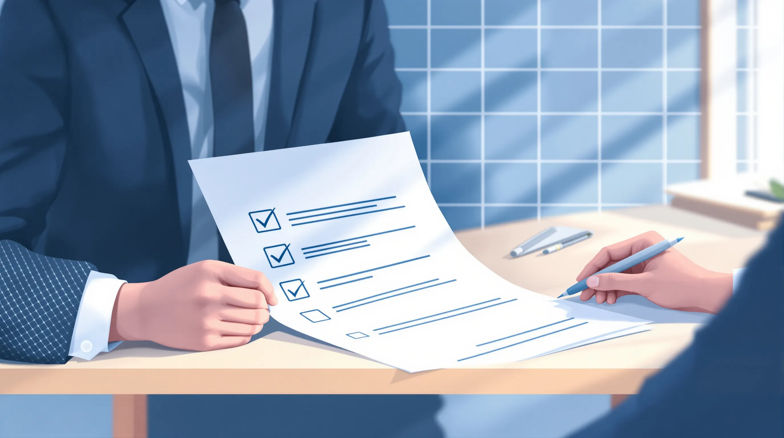 A professional reviewing a four-item deliverable checklist representing an AEO engagement contract